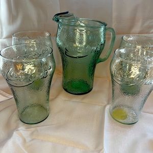 Vintage Coca Cola green pebble pitcher and 4 glasses